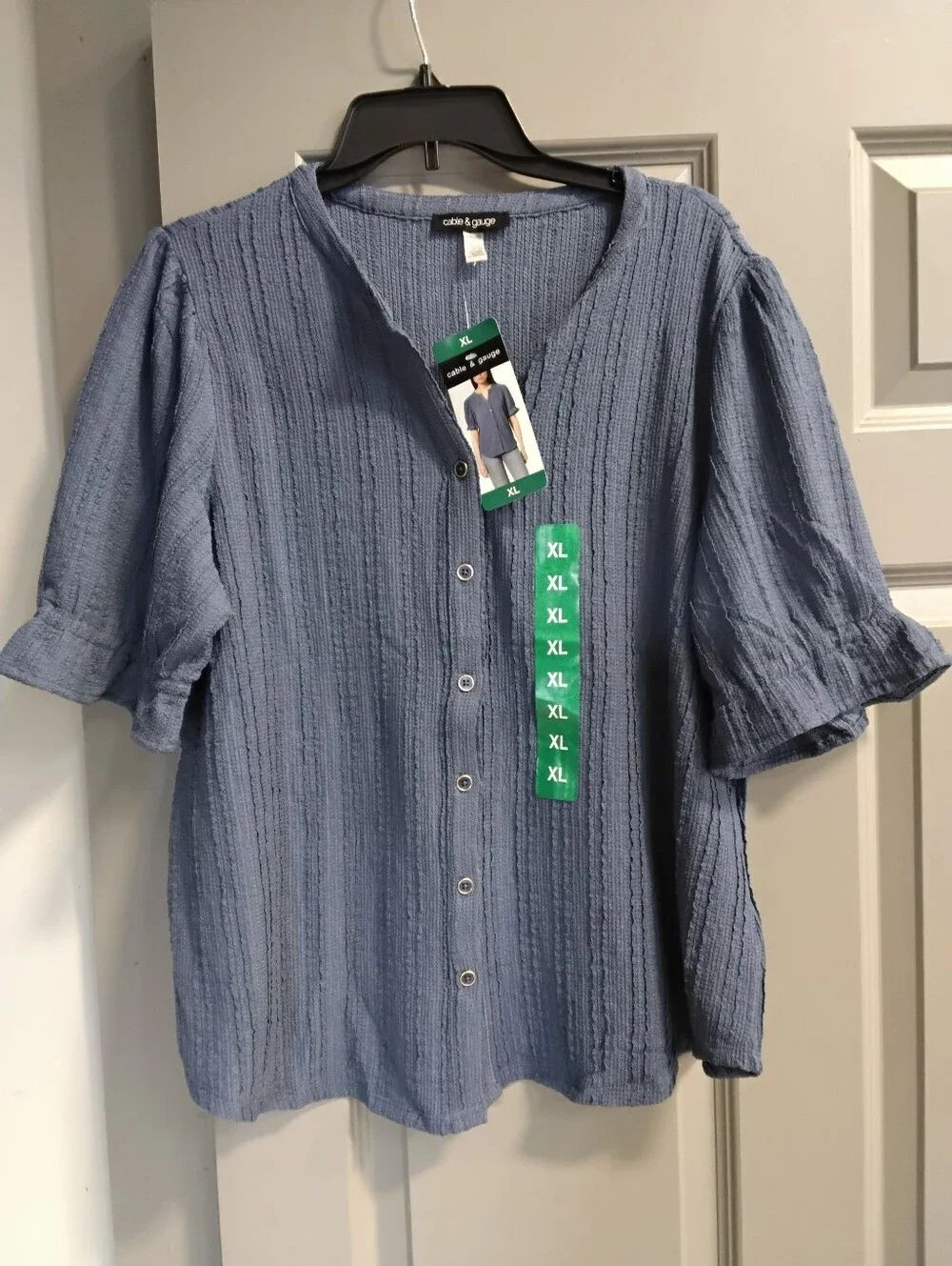 Cable & Gauge Dusty Blue Button-Front Textured Top
